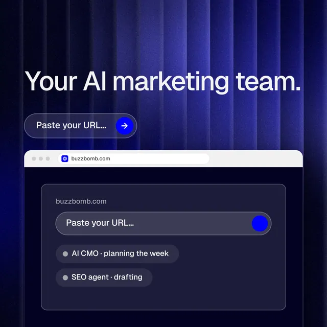 Instagram post for BuzzBomb: "Your AI marketing team." Agentic glass style, browser layout, dark palette in blue, black, grey.