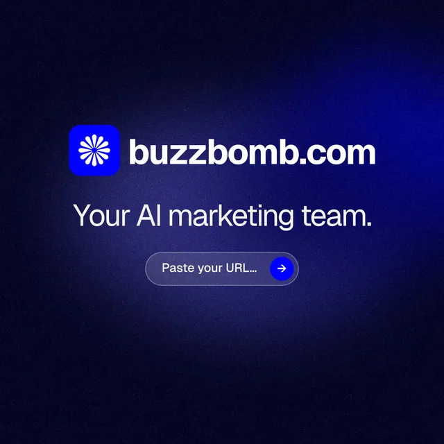 Instagram post for BuzzBomb: "Your AI marketing team." Agentic glass style, logo hero layout, dark palette in black, blue.