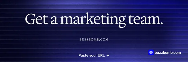 X header for BuzzBomb: "Get a marketing team." Agentic glass style, smallcaps layout, dark palette in blue, black.