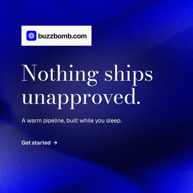 Instagram post for BuzzBomb: "Nothing ships unapproved." Minimal luxury style, announce layout, dark palette in blue.
