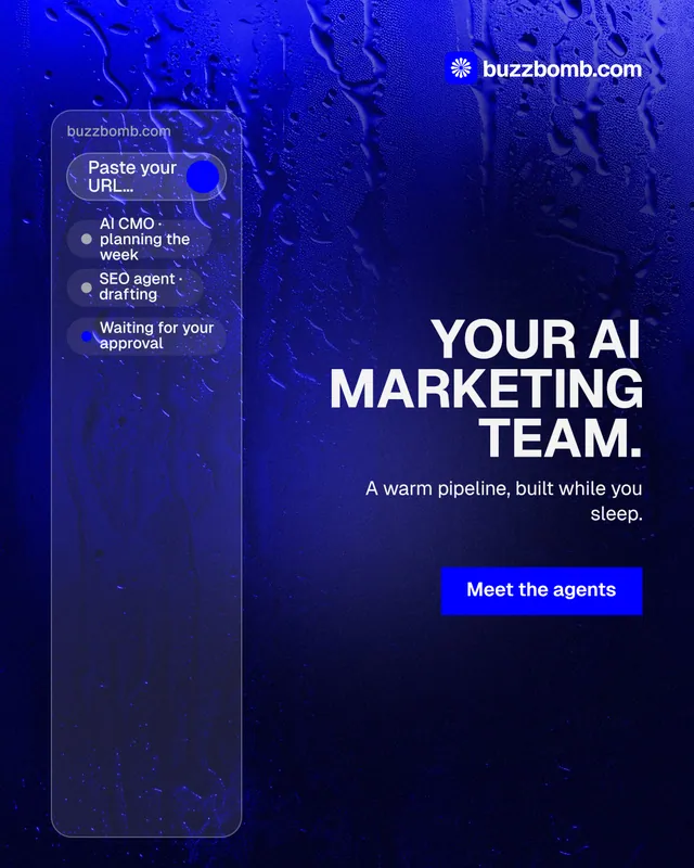 Instagram portrait post for BuzzBomb: "Your AI marketing team." Swiss style, right layout, dark palette in black, blue.