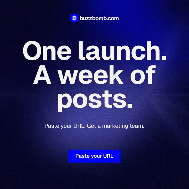 Instagram post for BuzzBomb: "One launch. A week of posts." Swiss style, centred layout, dark palette in black, blue.