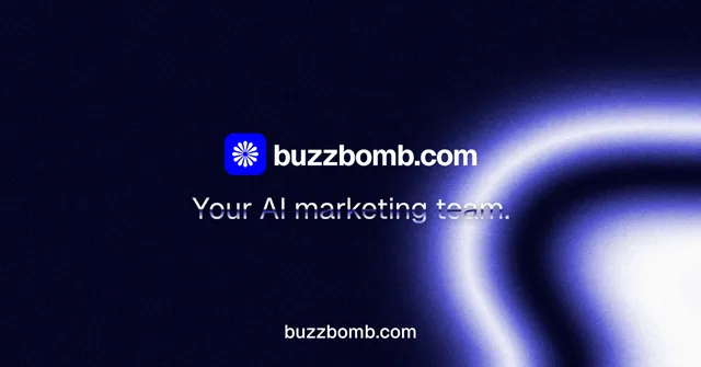 Social ad for BuzzBomb: "Your AI marketing team." Agentic glass style, end card layout, dark palette in black, blue.