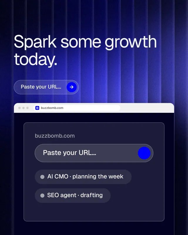 Instagram portrait post for BuzzBomb: "Spark some growth today." Agentic glass style, browser layout, dark palette in blue, black.
