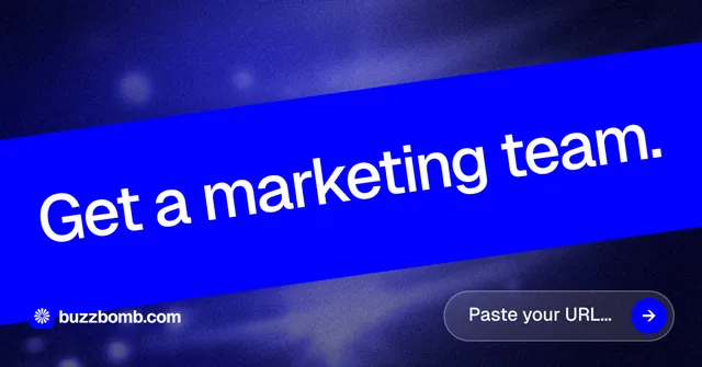 Social ad for BuzzBomb: "Get a marketing team." Agentic glass style, diagonal layout, dark palette in blue.