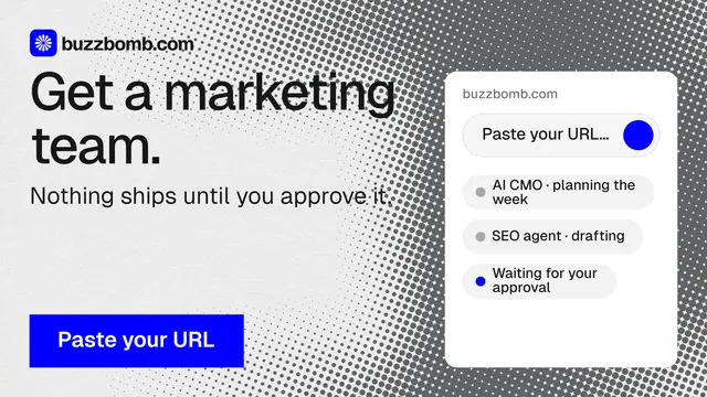 Landscape graphic for BuzzBomb: "Get a marketing team." Swiss style, skeleton layout, light palette in white, grey.