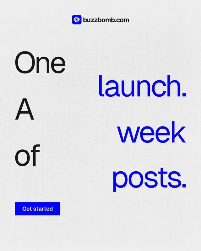 Instagram portrait post for BuzzBomb: "One launch. A week of posts." Swiss style, stacked layout, light palette in white, blue.