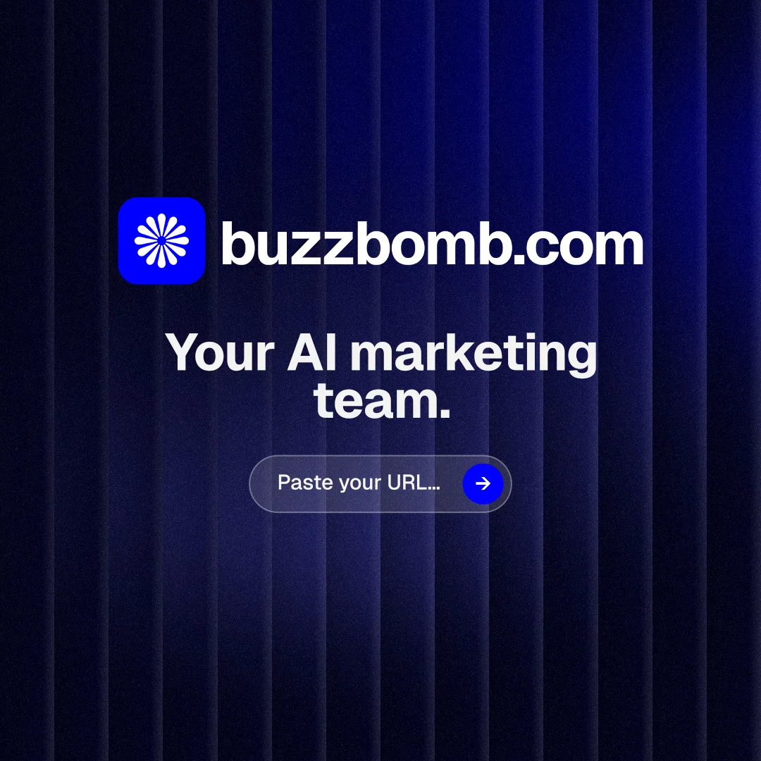 Instagram post for BuzzBomb: "Your AI marketing team." Agentic glass style, logo hero layout, dark palette in black, blue.