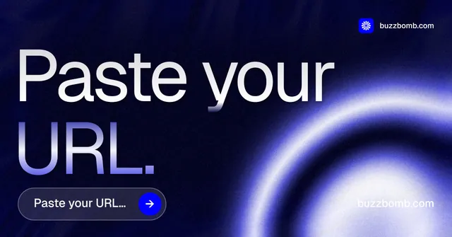 Social ad for BuzzBomb: "Paste your URL." Agentic glass style, poster layout, dark palette in blue, black.