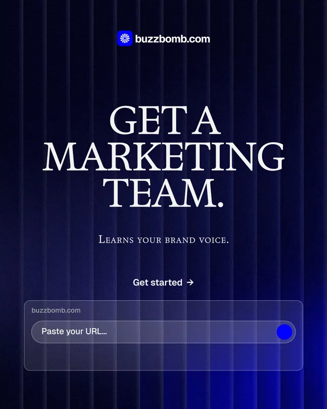 Instagram portrait post for BuzzBomb: "Get a marketing team." Agentic glass style, smallcaps layout, dark palette in blue, black.