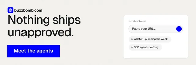 X header for BuzzBomb: "Nothing ships unapproved." Swiss style, skeleton layout, light palette in white, blue.