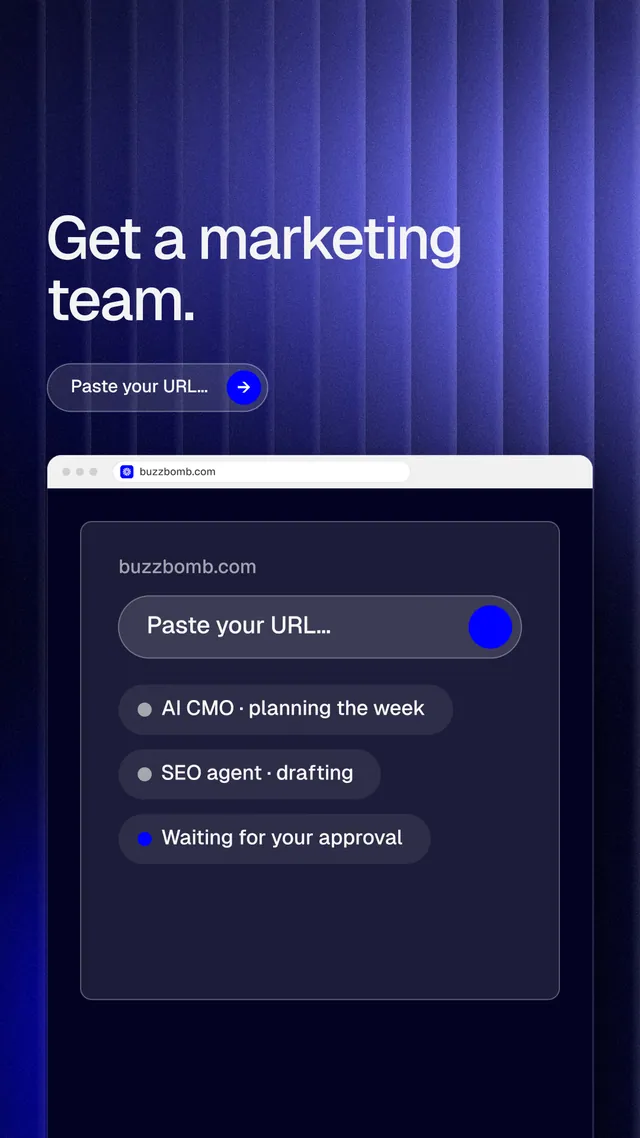 Instagram story for BuzzBomb: "Get a marketing team." Agentic glass style, browser layout, dark palette in blue, black.