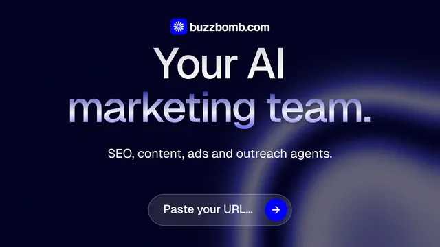 Landscape graphic for BuzzBomb: "Your AI marketing team." Agentic glass style, centred layout, dark palette in black, grey, blue.