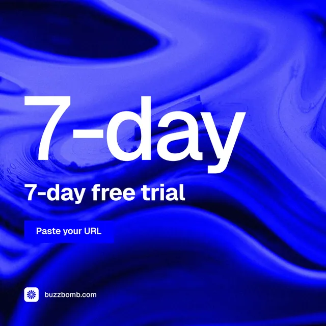 Instagram post for BuzzBomb: "Get a marketing team." Swiss style, stat layout, dark palette in blue.
