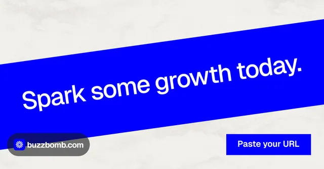 Social ad for BuzzBomb: "Spark some growth today." Swiss style, diagonal layout, light palette in blue, white.