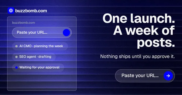 Social ad for BuzzBomb: "One launch. A week of posts." Agentic glass style, right layout, dark palette in black, blue.