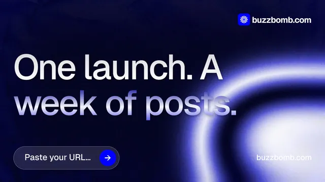 Landscape graphic for BuzzBomb: "One launch. A week of posts." Agentic glass style, poster layout, dark palette in blue, black.