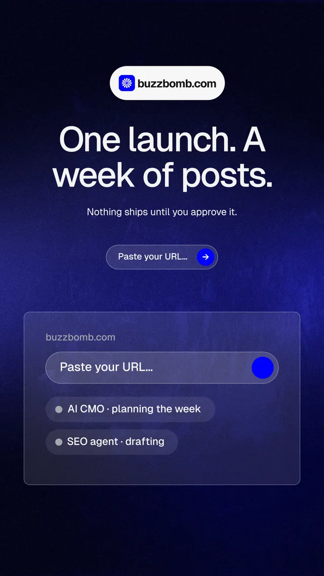 Instagram story for BuzzBomb: "One launch. A week of posts." Agentic glass style, centred layout, dark palette in black, blue, grey.