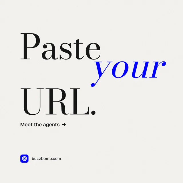 Instagram post for BuzzBomb: "Paste your URL." Minimal luxury style, stacked layout, light palette in white.