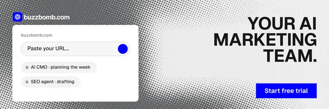 X header for BuzzBomb: "Your AI marketing team." Swiss style, right layout, light palette in white, grey.