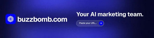 LinkedIn banner for BuzzBomb: "Your AI marketing team." Agentic glass style, logo hero layout, dark palette in black, blue.