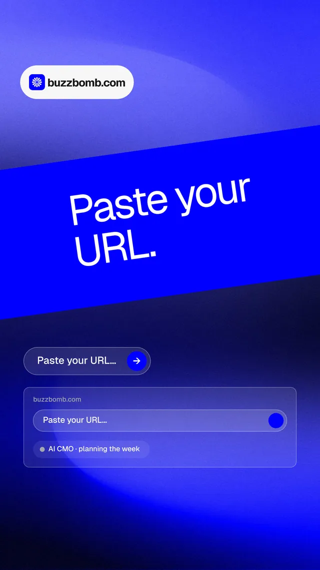 Instagram story for BuzzBomb: "Paste your URL." Agentic glass style, diagonal layout, dark palette in blue.