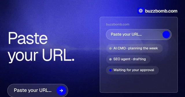 Social ad for BuzzBomb: "Paste your URL." Agentic glass style, bottom layout, dark palette in blue.