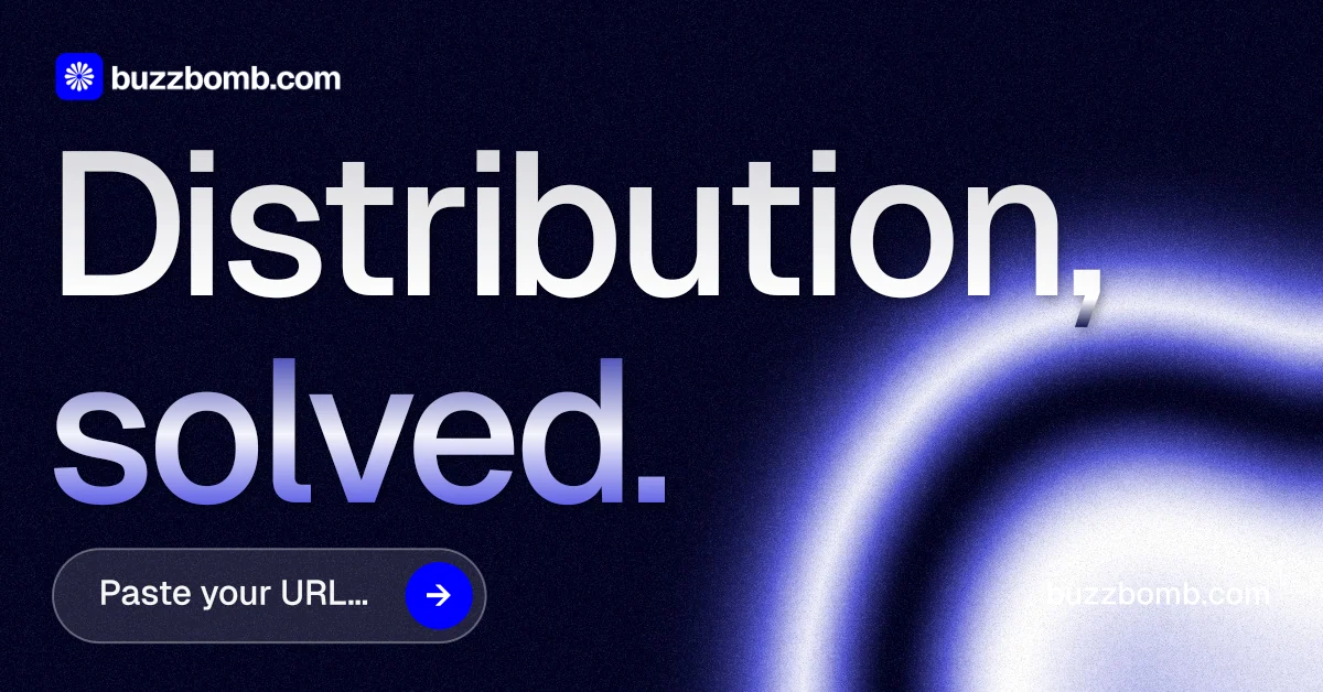 Social ad for BuzzBomb: "Distribution, solved." Agentic glass style, poster layout, dark palette in black, blue.