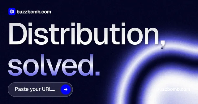Social ad for BuzzBomb: "Distribution, solved." Agentic glass style, poster layout, dark palette in black, blue.