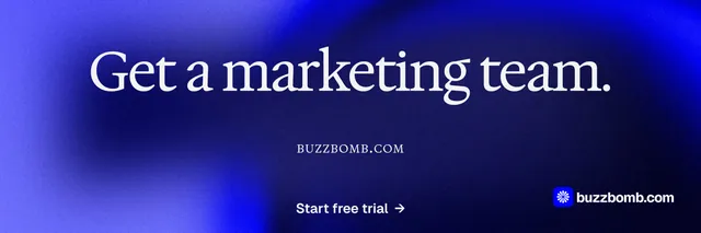 X header for BuzzBomb: "Get a marketing team." Agentic glass style, smallcaps layout, dark palette in blue.