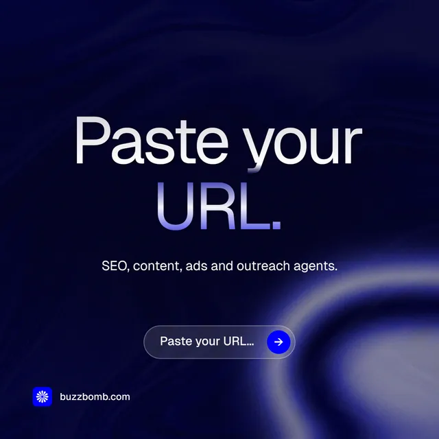 Instagram post for BuzzBomb: "Paste your URL." Agentic glass style, centred layout, dark palette in black, blue.