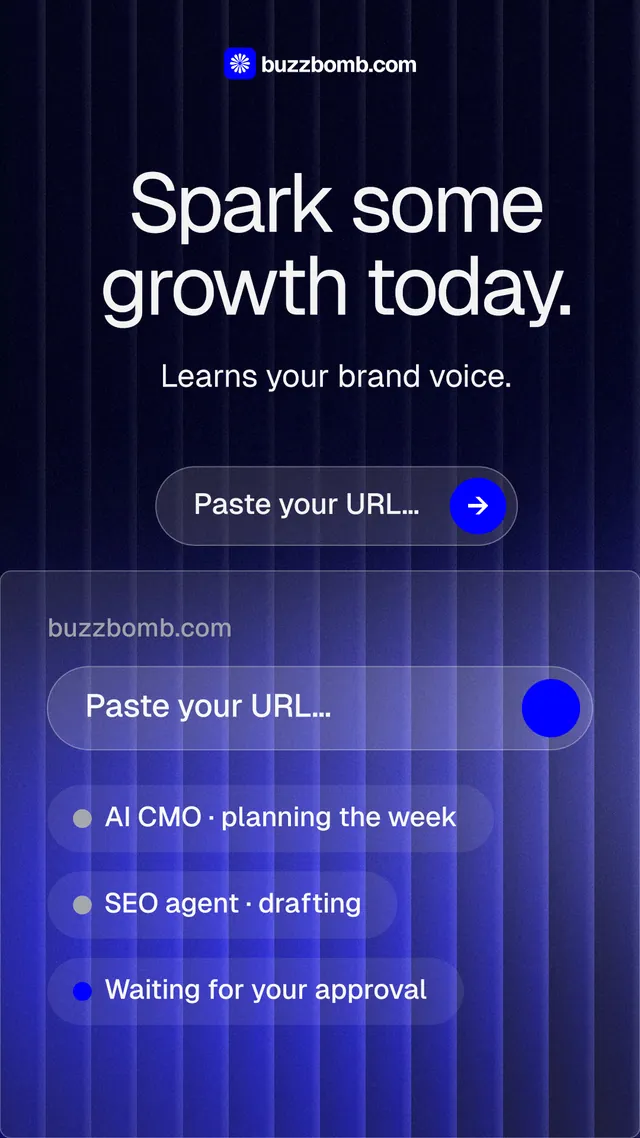 Instagram story for BuzzBomb: "Spark some growth today." Agentic glass style, skeleton layout, dark palette in black, blue.