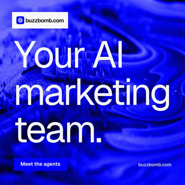 Instagram post for BuzzBomb: "Your AI marketing team." Swiss style, poster layout, dark palette in blue.