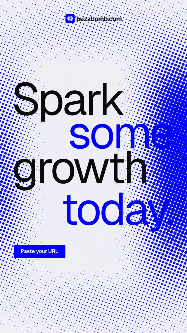 Instagram story for BuzzBomb: "Spark some growth today." Swiss style, stacked layout, light palette in blue, white.