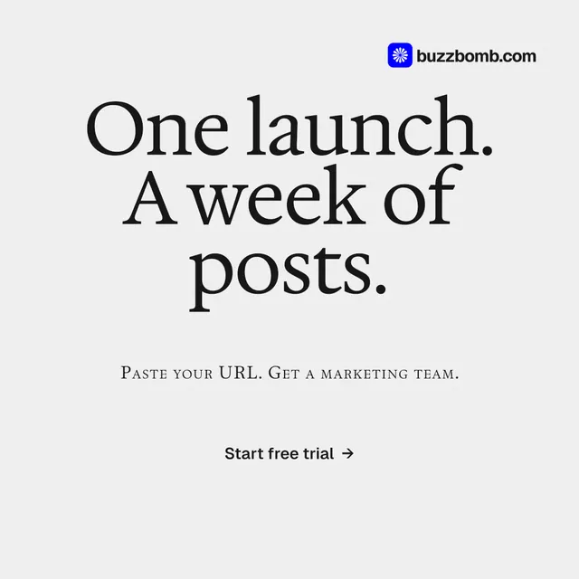 Instagram post for BuzzBomb: "One launch. A week of posts." Swiss style, smallcaps layout, light palette in white, grey.