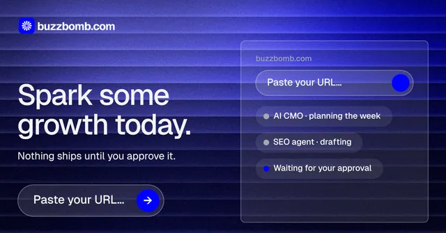 Social ad for BuzzBomb: "Spark some growth today." Agentic glass style, bottom layout, dark palette in blue.