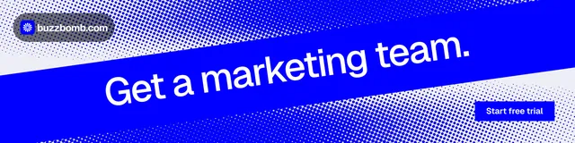 LinkedIn banner for BuzzBomb: "Get a marketing team." Split block style, diagonal layout, dark palette in blue.
