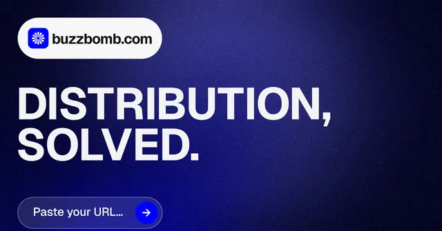 Social ad for BuzzBomb: "Distribution, solved." Agentic glass style, announce layout, dark palette in blue, black.
