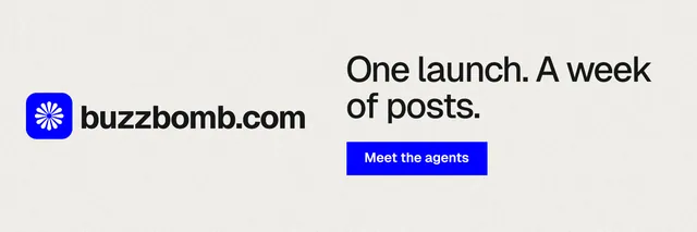 X header for BuzzBomb: "One launch. A week of posts." Swiss style, logo hero layout, light palette in white, blue.