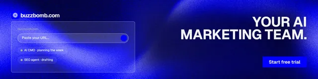 LinkedIn banner for BuzzBomb: "Your AI marketing team." Swiss style, right layout, dark palette in blue.
