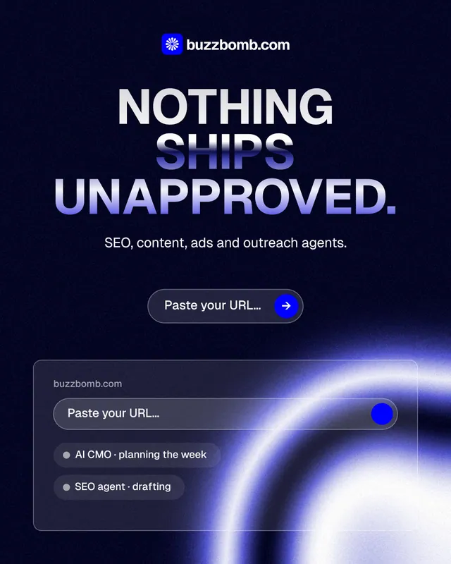 Instagram portrait post for BuzzBomb: "Nothing ships unapproved." Agentic glass style, centred layout, dark palette in black, blue.