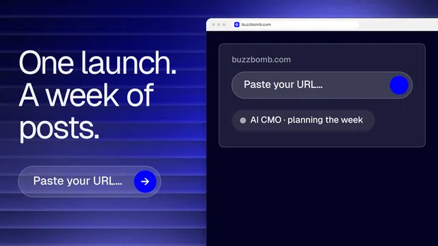 Landscape graphic for BuzzBomb: "One launch. A week of posts." Agentic glass style, browser layout, dark palette in black, blue.