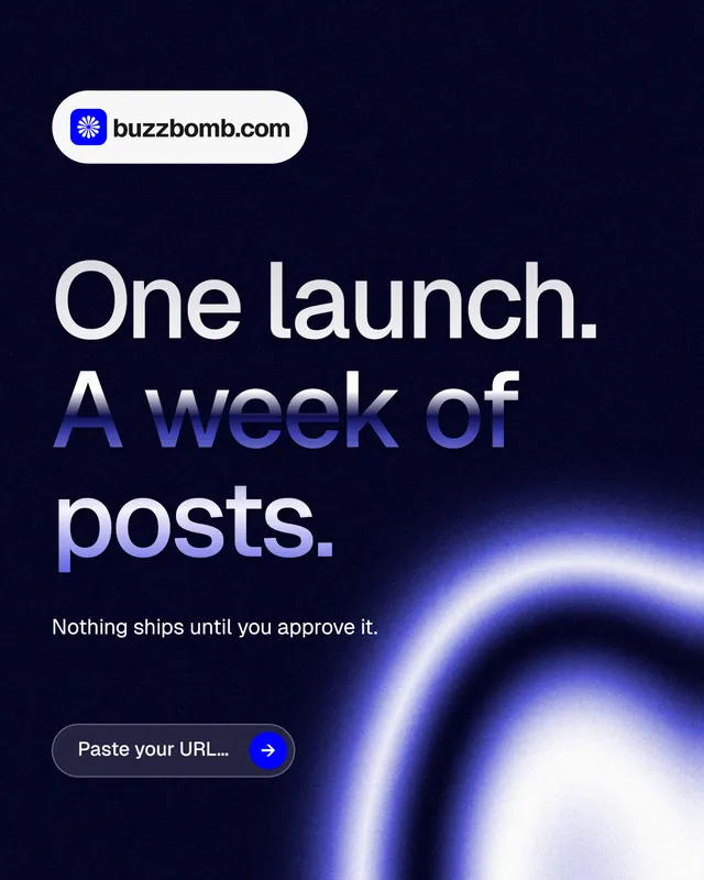 Instagram portrait post for BuzzBomb: "One launch. A week of posts." Agentic glass style, announce layout, dark palette in black, blue.