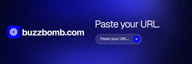 X header for BuzzBomb: "Paste your URL." Agentic glass style, logo hero layout, dark palette in blue, black.