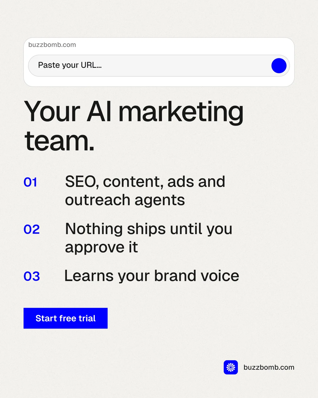 Instagram portrait post for BuzzBomb: "Your AI marketing team." Swiss style, numbered layout, light palette in white, grey.
