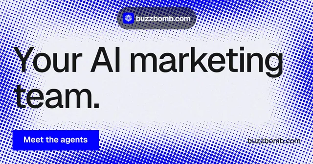 Social ad for BuzzBomb: "Your AI marketing team." Swiss style, poster layout, light palette in blue, white.