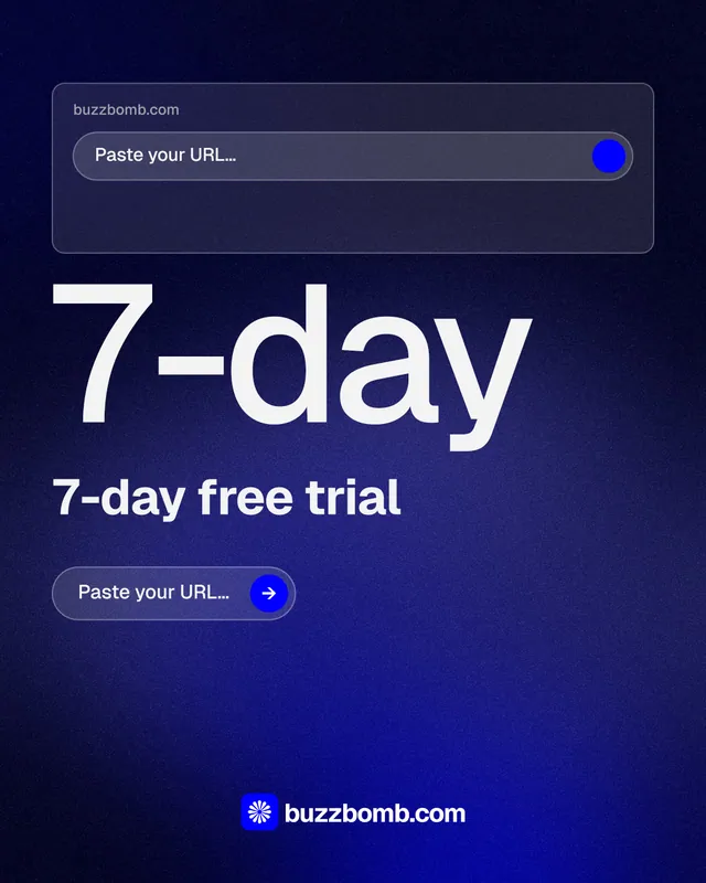 Instagram portrait post for BuzzBomb: "One launch. A week of posts." Agentic glass style, stat layout, dark palette in black, blue, grey.