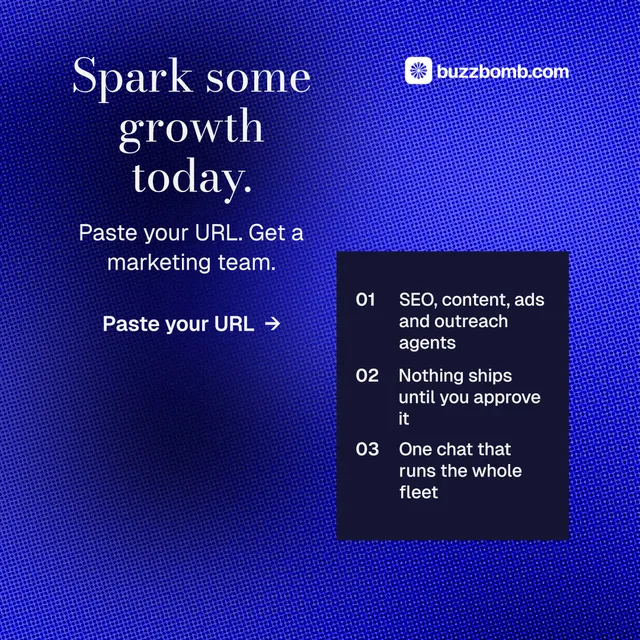 Instagram post for BuzzBomb: "Spark some growth today." Minimal luxury style, skeleton layout, dark palette in blue.