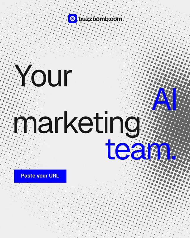 Instagram portrait post for BuzzBomb: "Your AI marketing team." Swiss style, stacked layout, light palette in white, grey.