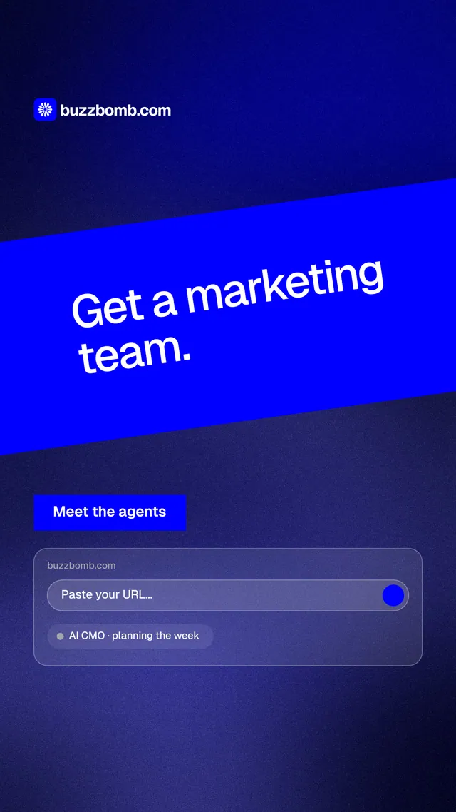 Instagram story for BuzzBomb: "Get a marketing team." Swiss style, diagonal layout, dark palette in blue.